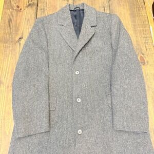 London Fog Vintage Mens 44 Reg Grey Herringbone 100% Pure Wool Overcoat USA Made
